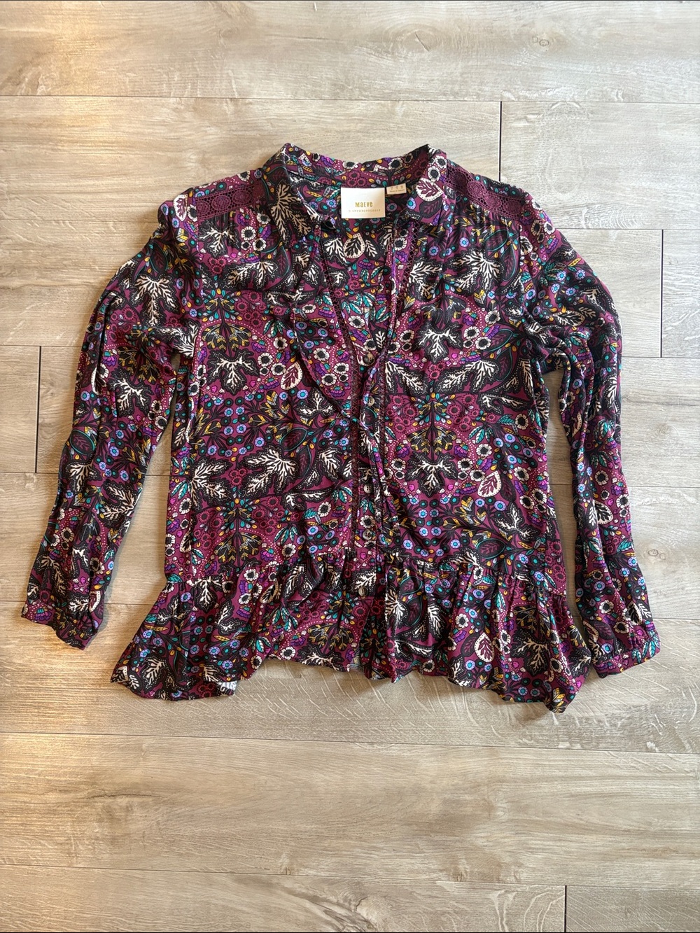 MAEVE Anthropologie Plum Floral Ruffle-Hem Button Blouse Size Small